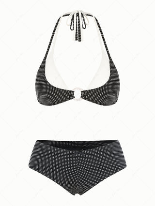 Black Pin Dot Jacquard O Ring Double Layer Top & Cheeky Boyshorts Bikini Set