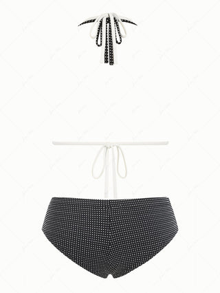 Black Pin Dot Jacquard O Ring Double Layer Top & Cheeky Boyshorts Bikini Set