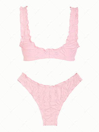 Pink Recycled Fabric Jacquard Ruffles Edge Bralette Bikini Set