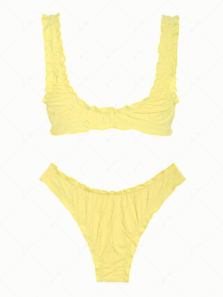 Yellow Recycled Fabric Jacquard Ruffles Edge Bralette Bikini Set