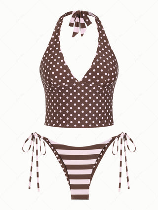 Pink Striped Polka Dot Halter Top & Cheeky Brazilian Bottom Reversible Tankini Set