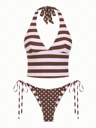 Pink Striped Polka Dot Halter Top & Cheeky Brazilian Bottom Reversible Tankini Set