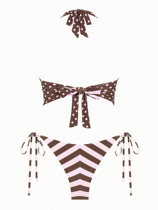 Pink Striped Polka Dot Halter Top & Cheeky Brazilian Bottom Reversible Tankini Set