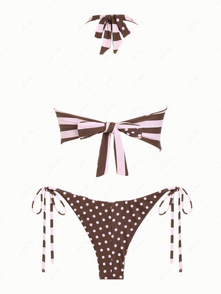 Pink Striped Polka Dot Halter Top & Cheeky Brazilian Bottom Reversible Tankini Set