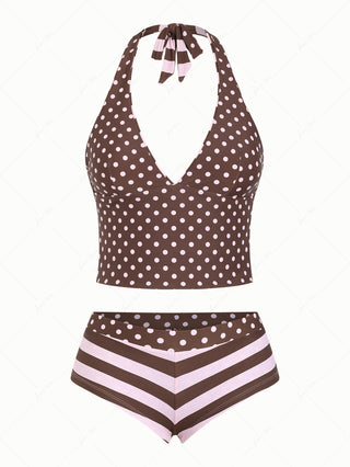 Pink Striped Polka Dot Halter Tied Back Reversible Top & Cheeky Boyshorts Tankini Set
