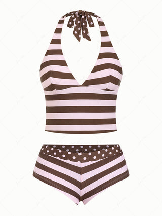 Pink Striped Polka Dot Halter Tied Back Reversible Top & Cheeky Boyshorts Tankini Set