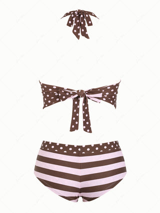 Pink Striped Polka Dot Halter Tied Back Reversible Top & Cheeky Boyshorts Tankini Set