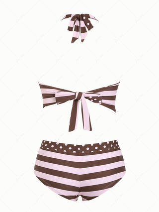 Pink Striped Polka Dot Halter Tied Back Reversible Top & Cheeky Boyshorts Tankini Set