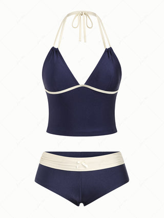 Deep Blue Contrast Piping Deep V Neck Halter Cheeky Boyshorts Tankini Set