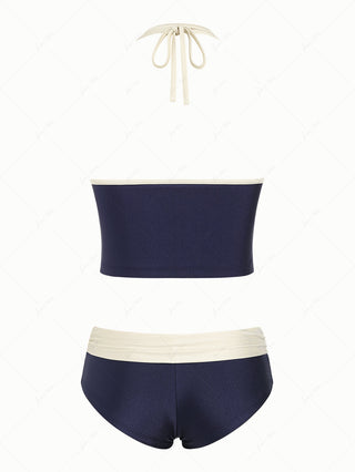 Deep Blue Contrast Piping Deep V Neck Halter Cheeky Boyshorts Tankini Set