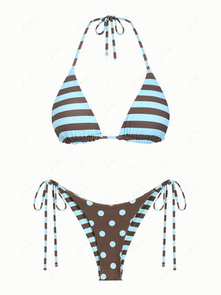 Coffee Striped Polka Dot Triangle Top & Cheeky Brazilian Bottom Reversible Bikini Set
