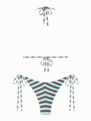 Coffee Striped Polka Dot Triangle Top & Cheeky Brazilian Bottom Reversible Bikini Set