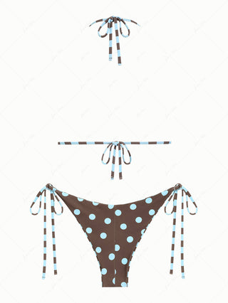 Coffee Striped Polka Dot Triangle Top & Cheeky Brazilian Bottom Reversible Bikini Set
