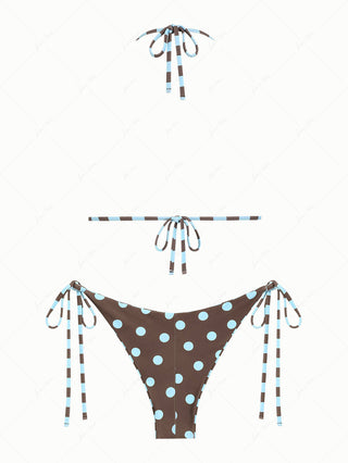 Coffee Striped Polka Dot Triangle Top & Cheeky Brazilian Bottom Reversible Bikini Set