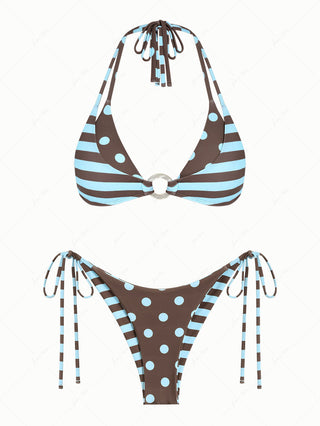 Coffee Striped Polka Dot O Ring Double Layer Top & Reversible Cheeky Brazilian Bottom Bikini Set