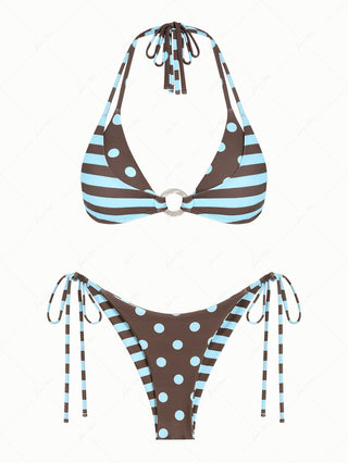 Coffee Striped Polka Dot O Ring Double Layer Top & Reversible Cheeky Brazilian Bottom Bikini Set