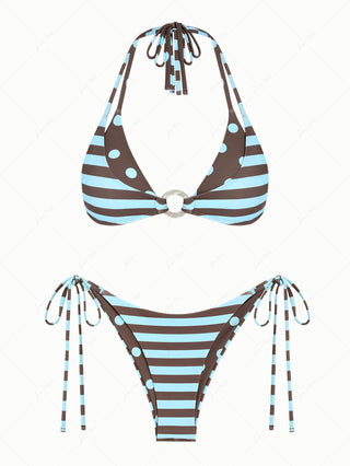 Coffee Striped Polka Dot O Ring Double Layer Top & Reversible Cheeky Brazilian Bottom Bikini Set