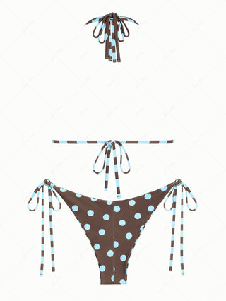 Coffee Striped Polka Dot O Ring Double Layer Top & Reversible Cheeky Brazilian Bottom Bikini Set