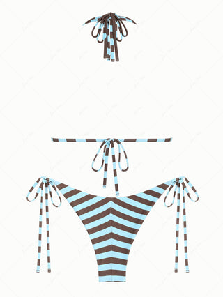 Coffee Striped Polka Dot O Ring Double Layer Top & Reversible Cheeky Brazilian Bottom Bikini Set