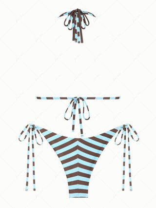 Coffee Striped Polka Dot O Ring Double Layer Top & Reversible Cheeky Brazilian Bottom Bikini Set
