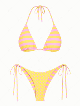 Yellow Striped Polka Dot Triangle Top & Cheeky Brazilian Bottom Reversible Bikini Set