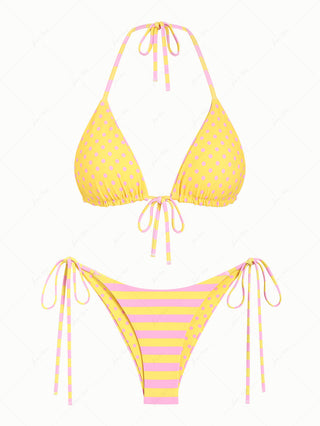 Yellow Striped Polka Dot Triangle Top & Cheeky Brazilian Bottom Reversible Bikini Set