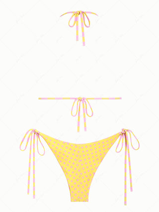 Yellow Striped Polka Dot Triangle Top & Cheeky Brazilian Bottom Reversible Bikini Set