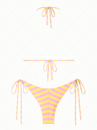 Yellow Striped Polka Dot Triangle Top & Cheeky Brazilian Bottom Reversible Bikini Set
