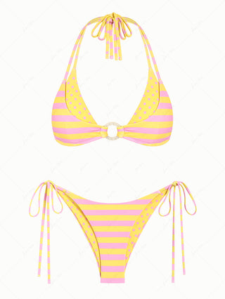 Yellow Striped Polka Dot O Ring Double Layer Top & Reversible Cheeky Brazilian Bottom Bikini Set