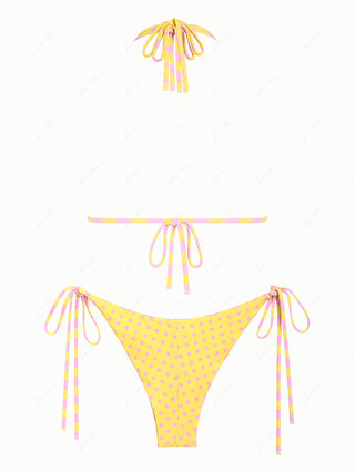 Yellow Striped Polka Dot O Ring Double Layer Top & Reversible Cheeky Brazilian Bottom Bikini Set