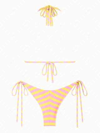 Yellow Striped Polka Dot O Ring Double Layer Top & Reversible Cheeky Brazilian Bottom Bikini Set
