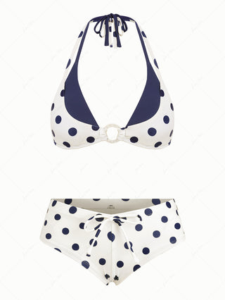 Cadetblue Polka Dot O Ring Double Layer Top & Cheeky Boyshorts Bikini Set