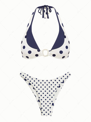 Cadetblue Polka Dot O Ring Double Layer Top & Reversible Cheeky Bottom Bikini Set