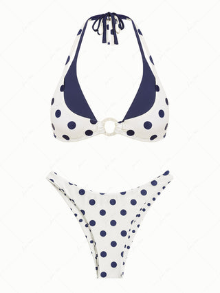 Cadetblue Polka Dot O Ring Double Layer Top & Reversible Cheeky Bottom Bikini Set