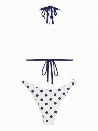 Cadetblue Polka Dot O Ring Double Layer Top & Reversible Cheeky Bottom Bikini Set