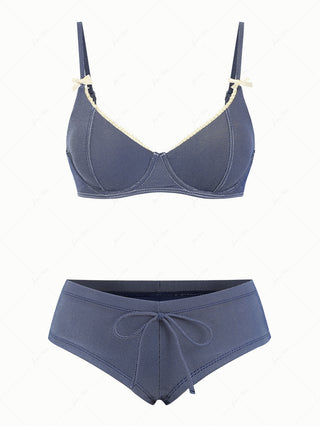 Deep Blue Denim Lace Bowknot Underwire Cheeky Boyshorts Bikini Set