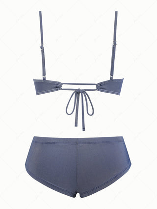 Deep Blue Denim Lace Bowknot Underwire Cheeky Boyshorts Bikini Set