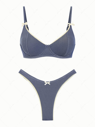 Deep Blue Denim Lace Bowknot Underwire Bikini Set