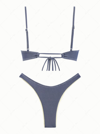 Deep Blue Denim Lace Bowknot Underwire Bikini Set