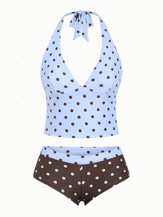Sky Blue Polka Dot Halter Tied Back Reversible Top & Cheeky Boyshorts Tankini Set
