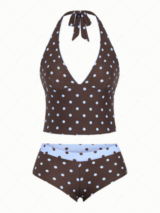 Sky Blue Polka Dot Halter Tied Back Reversible Top & Cheeky Boyshorts Tankini Set