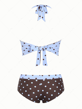Sky Blue Polka Dot Halter Tied Back Reversible Top & Cheeky Boyshorts Tankini Set