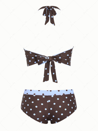 Sky Blue Polka Dot Halter Tied Back Reversible Top & Cheeky Boyshorts Tankini Set