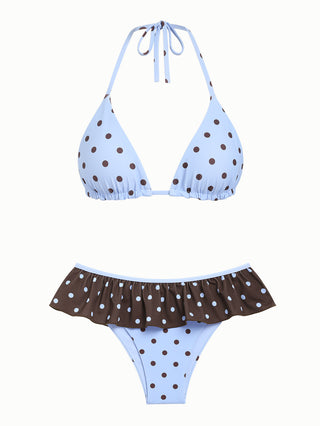 Sky Blue Polka Dot Reversible Triangle Top & Skirted Bottom Bikini Set