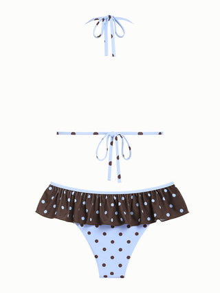 Sky Blue Polka Dot Reversible Triangle Top & Skirted Bottom Bikini Set