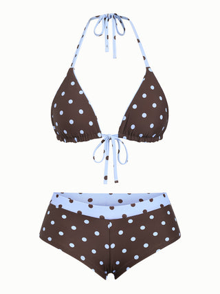 Sky Blue Polka Dot Reversible Triangle Top & Cheeky Boyshorts Bikini Set