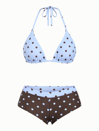 Sky Blue Polka Dot Reversible Triangle Top & Cheeky Boyshorts Bikini Set