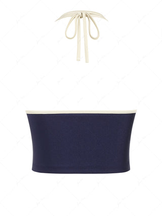 Deep Blue Contrast Piping Deep V Neck Halter Tankini Top