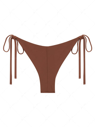 Coffee Contrast Picot Bowknot String Cheeky Brazilian Bikini Bottom
