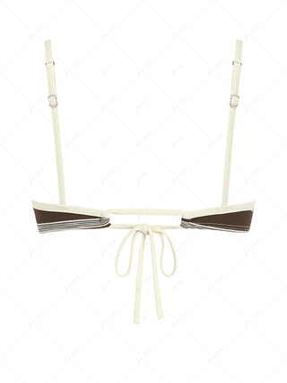 Deep Coffee Striped Bowknot Contrast Binding Tank Style Bikini Top